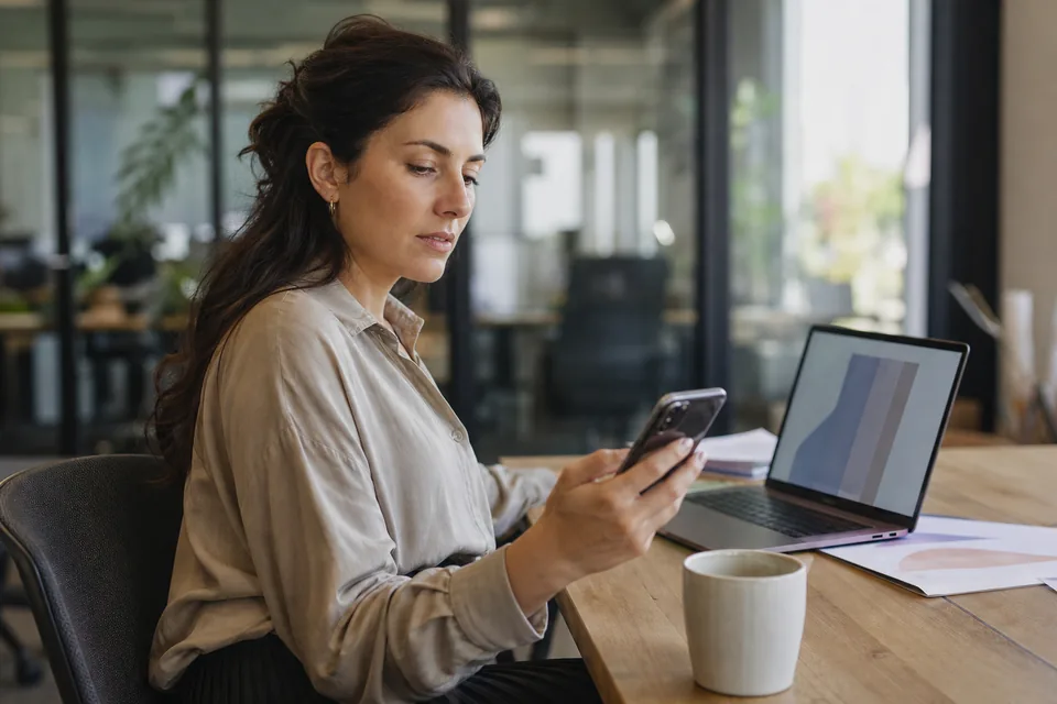 Product marketer reading a competitor alert on a phone at her desk