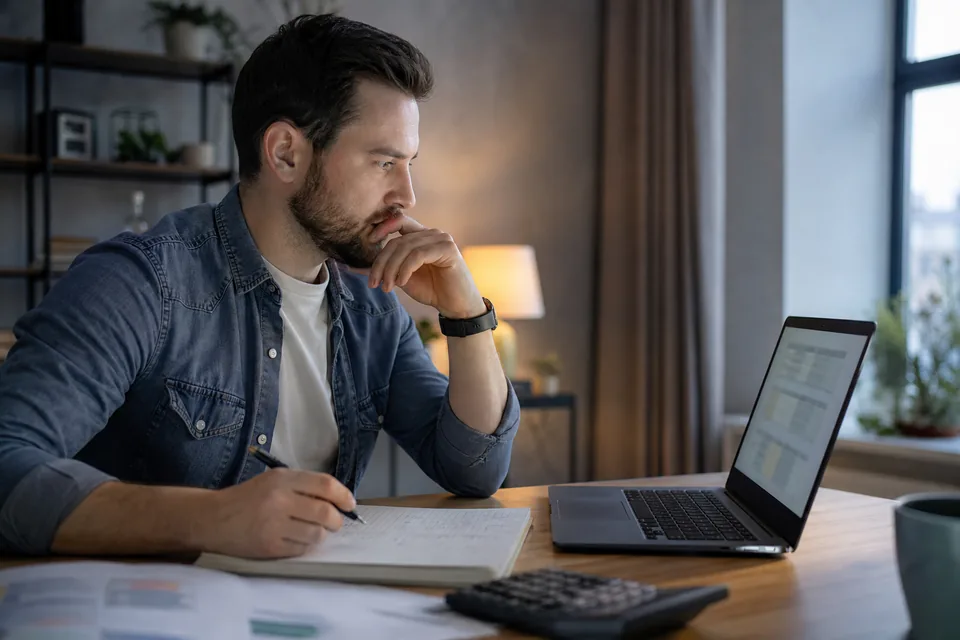 Analyst comparing company research subscriptions on a laptop with a notepad