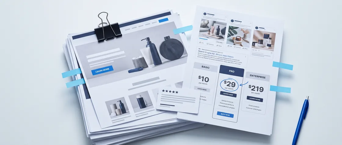 Printed competitor websites, ads, pricing pages and reviews collected in one dossier