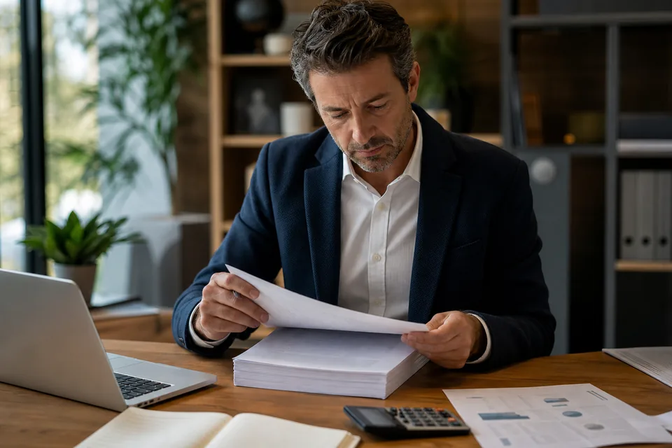 Marketing director reviewing an annual software contract with a calculator