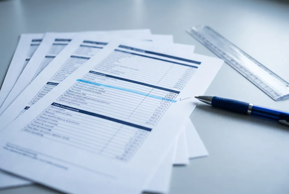 Printed competitor pricing pages with one price change marked in blue